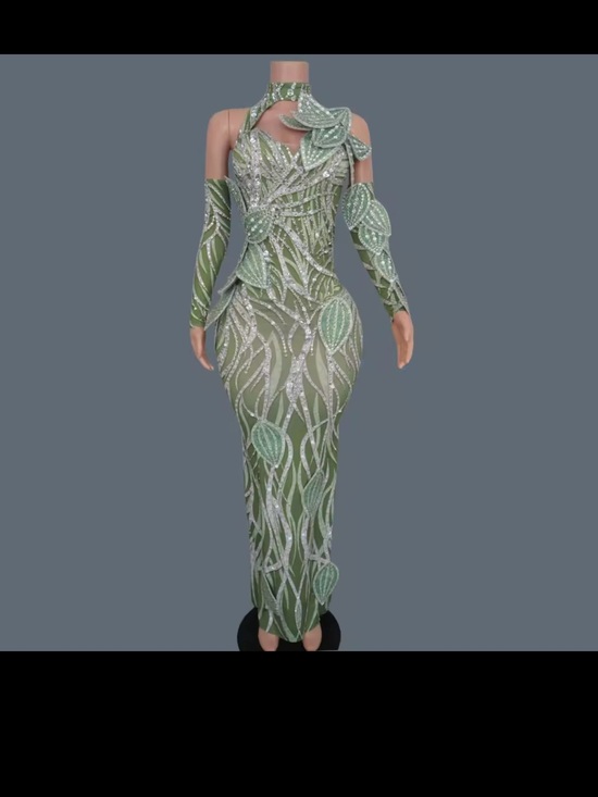Dresses & Skirts - Green Embellished Leaf-Pattern Evening Dress